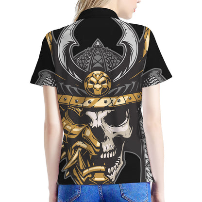 Black Samurai Skull Print Women's Polo Shirt