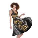 Black Samurai Skull Print Women's Sleeveless Dress