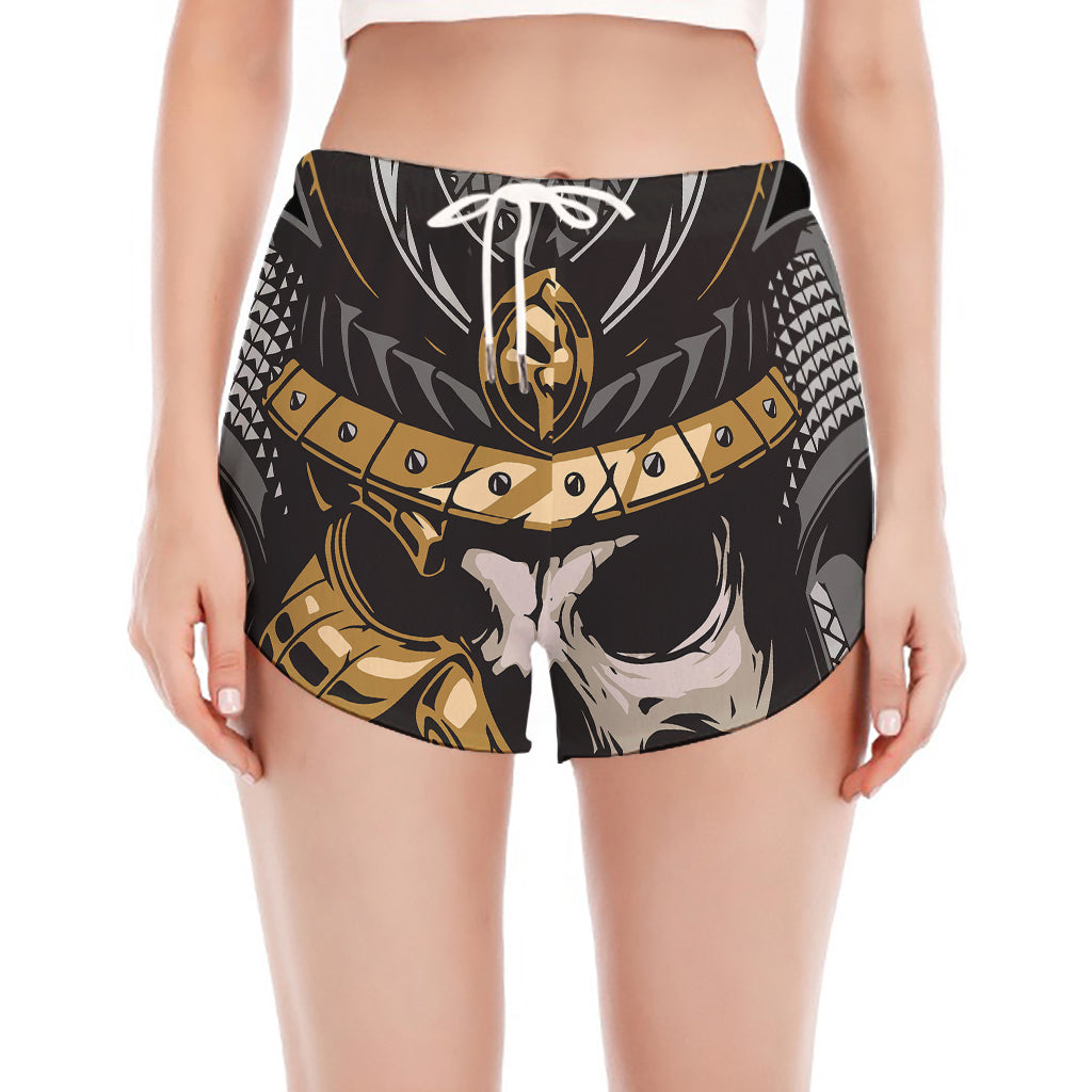 Black Samurai Skull Print Women's Split Running Shorts