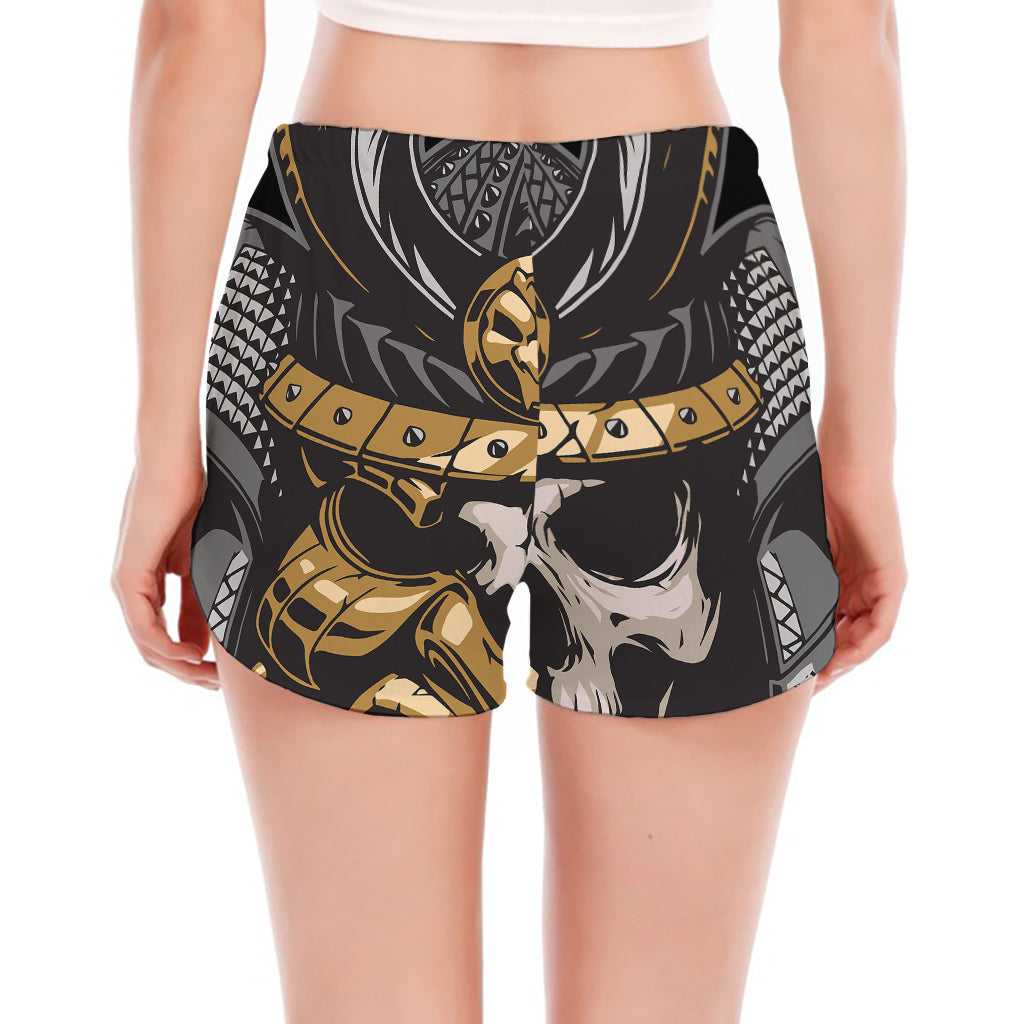 Black Samurai Skull Print Women's Split Running Shorts