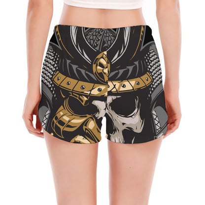 Black Samurai Skull Print Women's Split Running Shorts