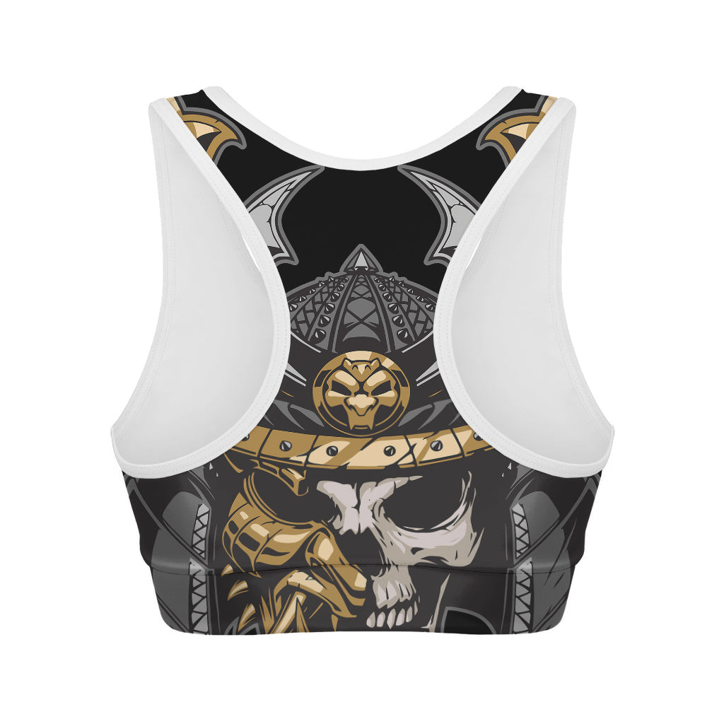 Black Samurai Skull Print Women's Sports Bra