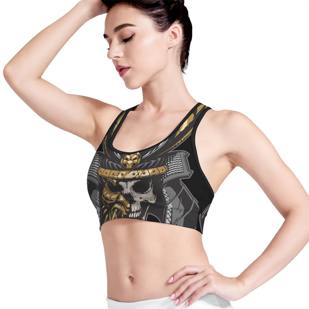 Black Samurai Skull Print Women's Sports Bra