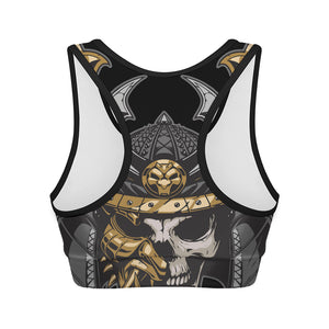 Black Samurai Skull Print Women's Sports Bra