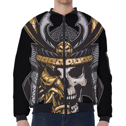 Black Samurai Skull Print Zip Sleeve Bomber Jacket