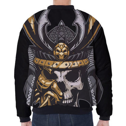 Black Samurai Skull Print Zip Sleeve Bomber Jacket