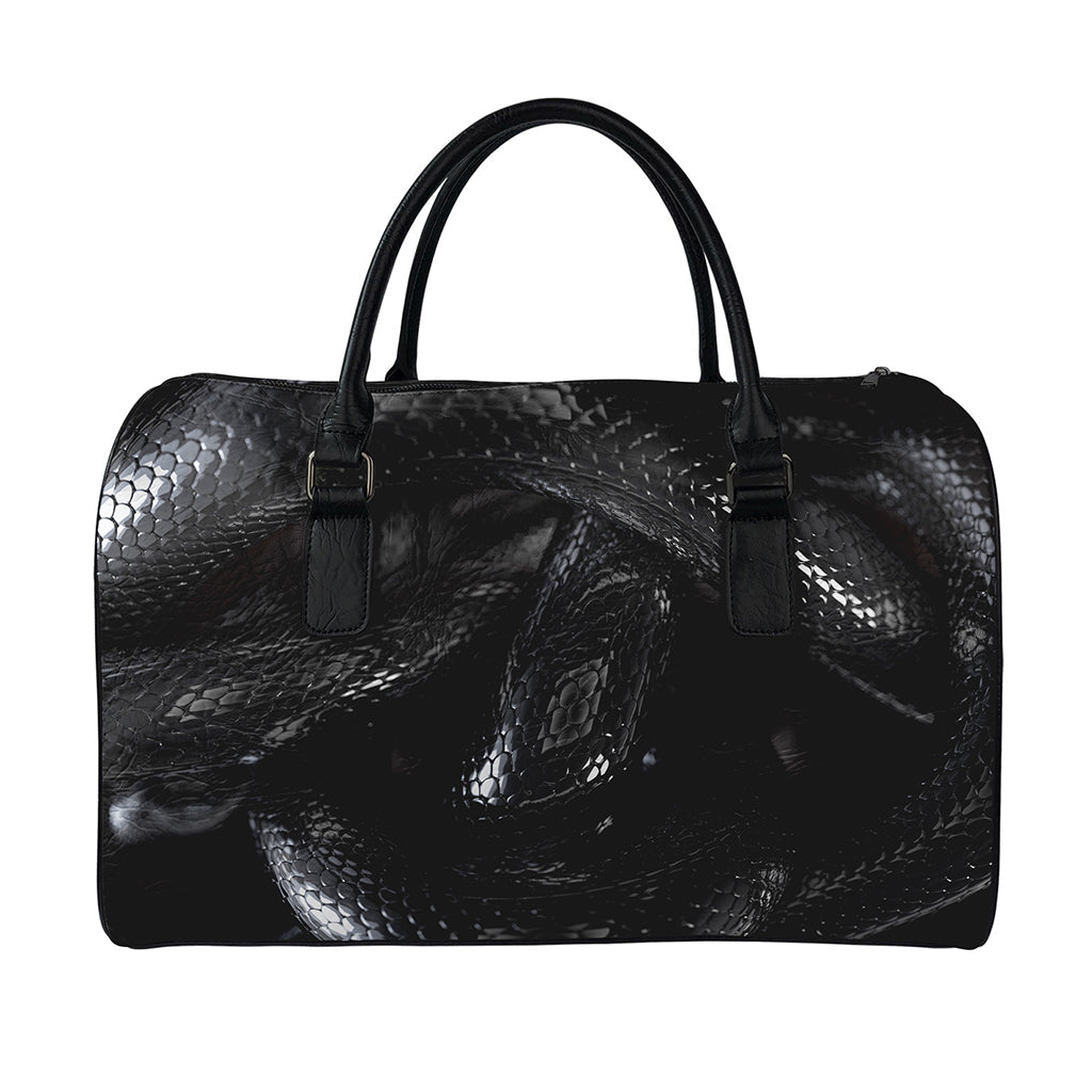 Black Snake Print Leather Duffle Bag