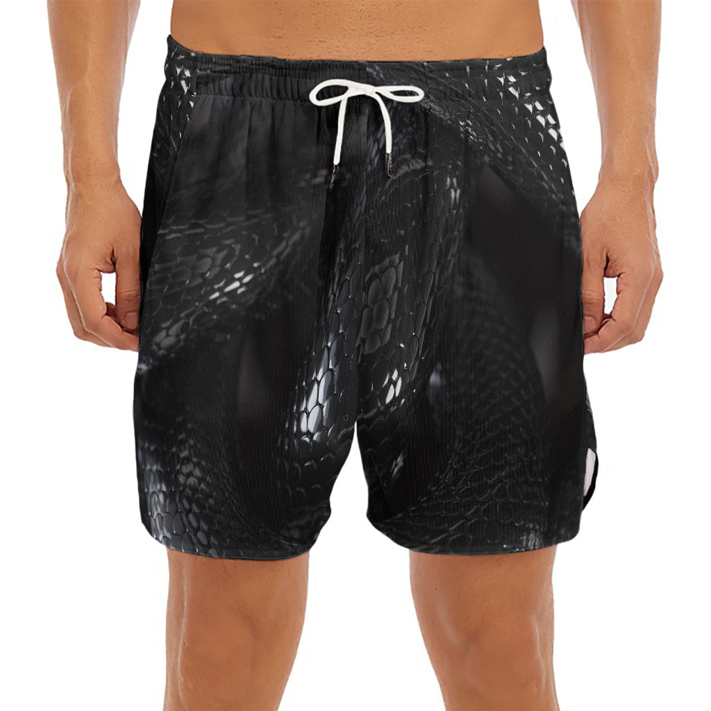 Black Snake Print Men's Split Running Shorts
