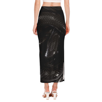 Black Snake Print Side Slit Maxi Skirt