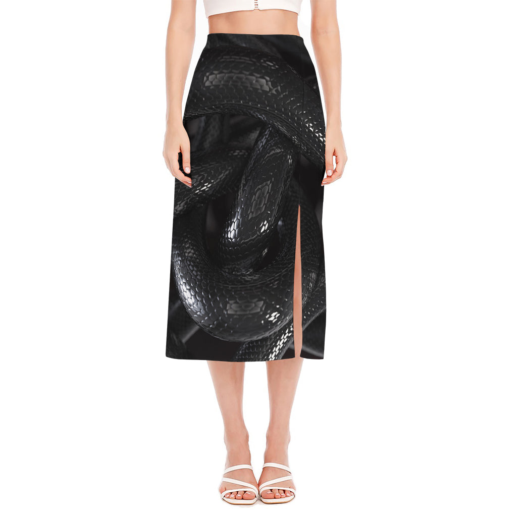 Black Snake Print Side Slit Midi Skirt