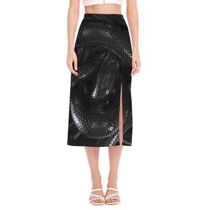 Black Snake Print Side Slit Midi Skirt