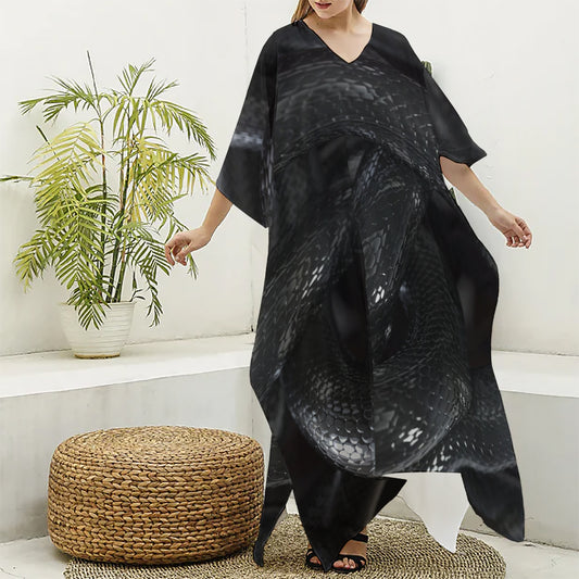 Black Snake Print Silk V-Neck Kaftan Dress