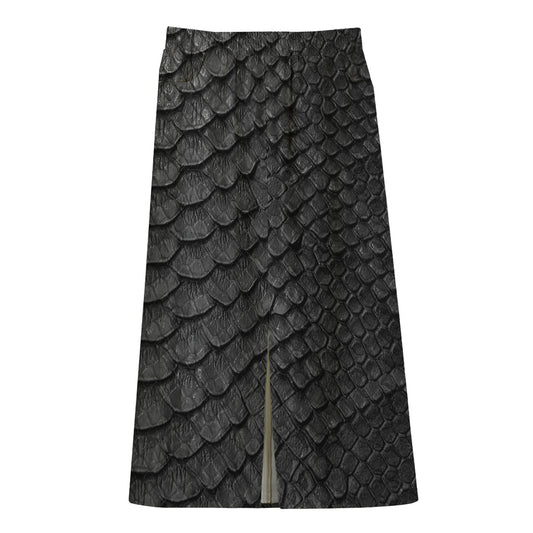 Black Snakeskin Print Cotton Front Slit Maxi Skirt