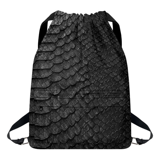 Black Snakeskin Print Drawstring Backpack