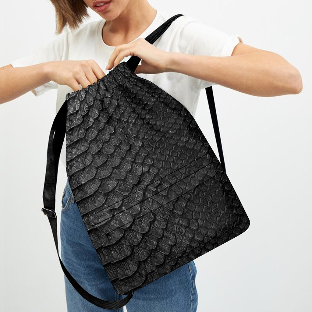 Black Snakeskin Print Drawstring Backpack