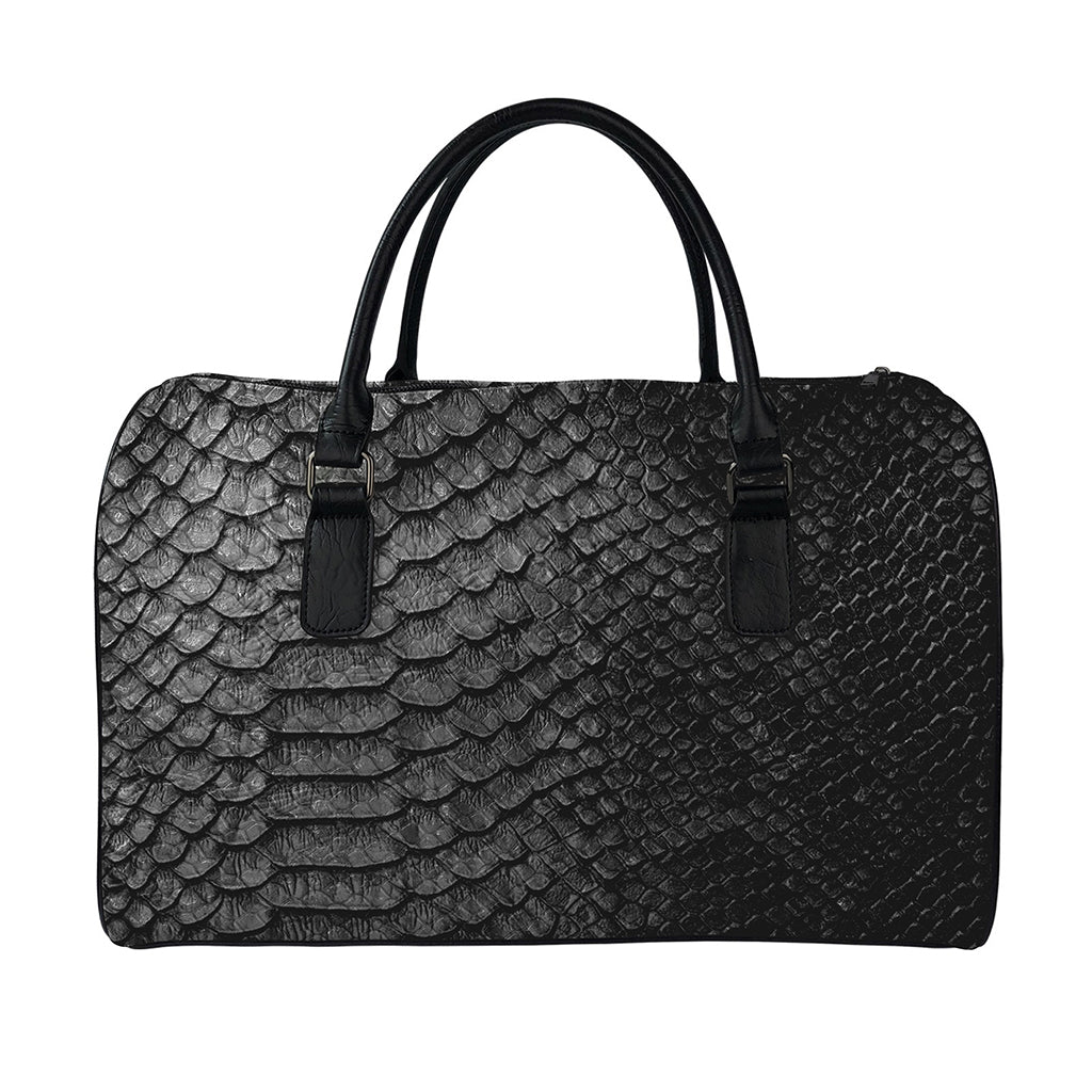 Black Snakeskin Print Leather Duffle Bag