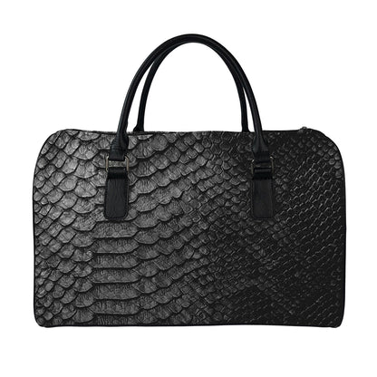 Black Snakeskin Print Leather Duffle Bag