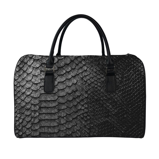 Black Snakeskin Print Leather Duffle Bag