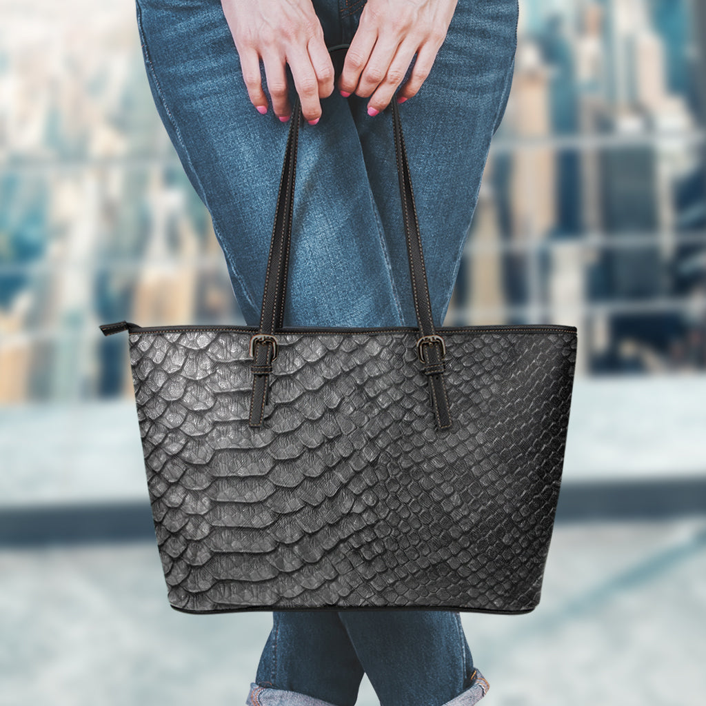 Black Snakeskin Print Leather Tote Bag