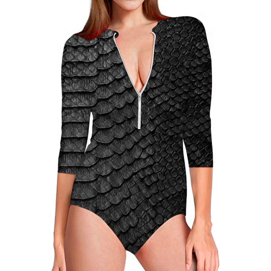 Black Snakeskin Print Long Sleeve Swimsuit