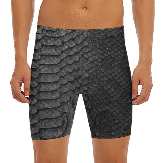 Black Snakeskin Print Men's Long Boxer Briefs