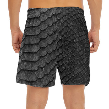 Black Snakeskin Print Men's Split Running Shorts