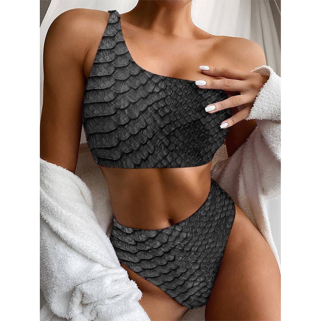 Black Snakeskin Print One Shoulder Bikini Top