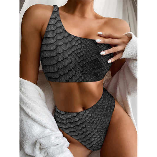 Black Snakeskin Print One Shoulder Bikini Top