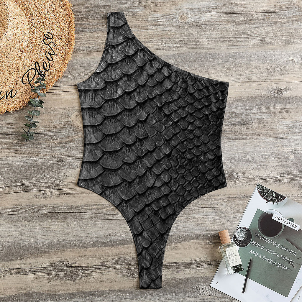 Black Snakeskin Print One Shoulder Bodysuit