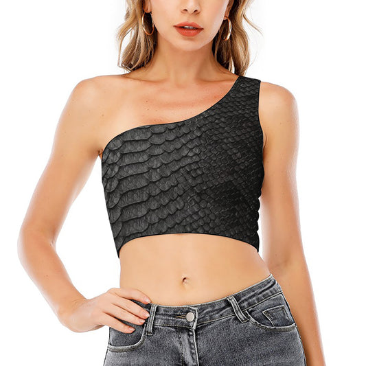 Black Snakeskin Print One Shoulder Crop Top