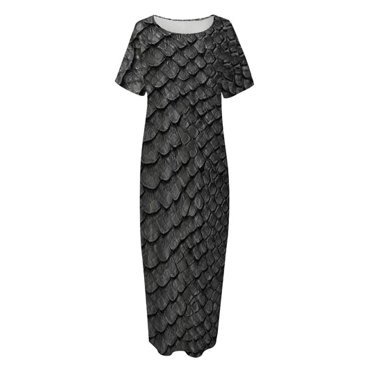 Black Snakeskin Print Short Sleeve Long Nightdress