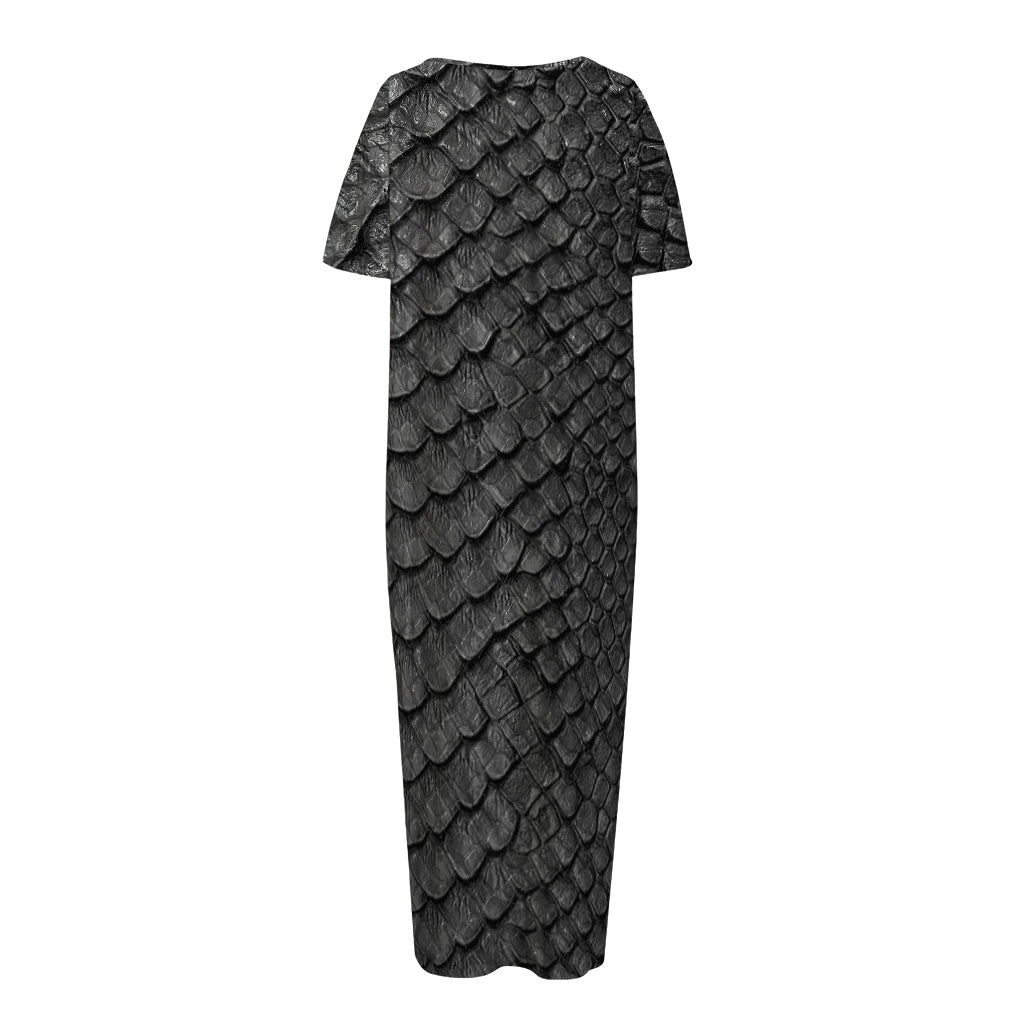 Black Snakeskin Print Short Sleeve Long Nightdress