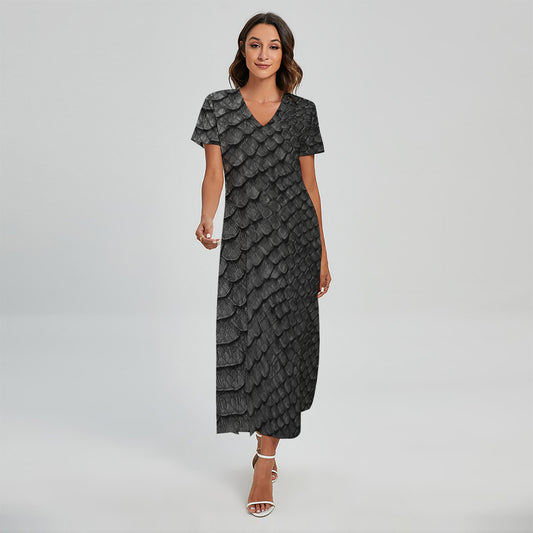 Black Snakeskin Print Short Sleeve Maxi Dress