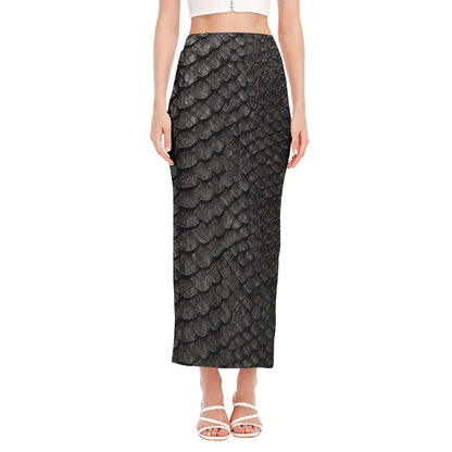 Black Snakeskin Print Side Slit Maxi Skirt