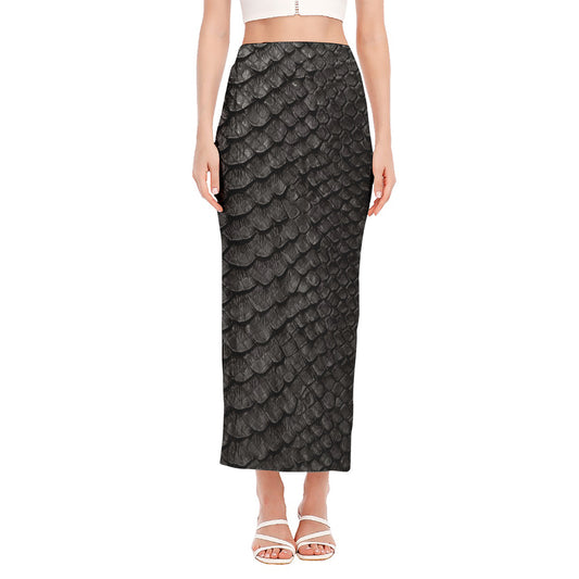 Black Snakeskin Print Side Slit Maxi Skirt