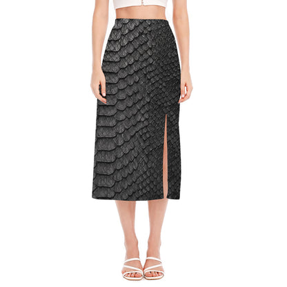 Black Snakeskin Print Side Slit Midi Skirt