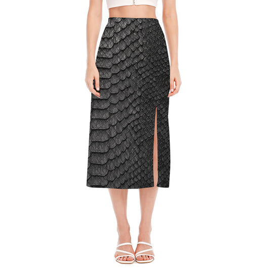 Black Snakeskin Print Side Slit Midi Skirt
