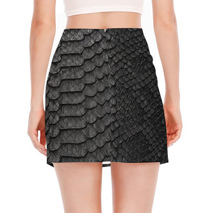 Black Snakeskin Print Side Slit Mini Skirt