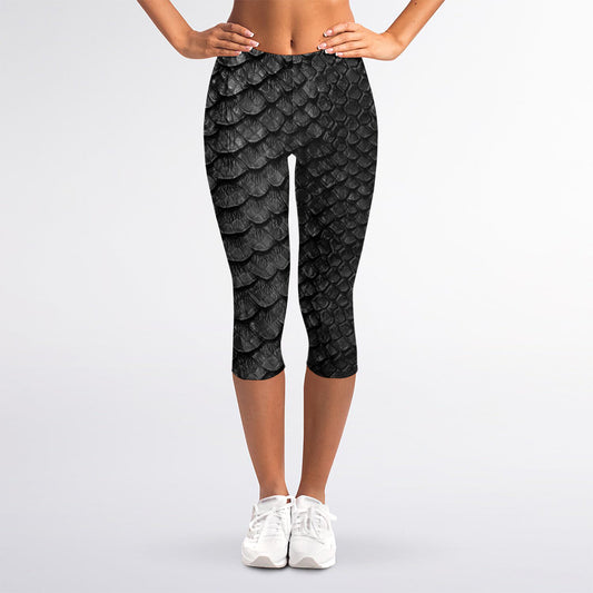 Black Snakeskin Print Women's Capri Leggings
