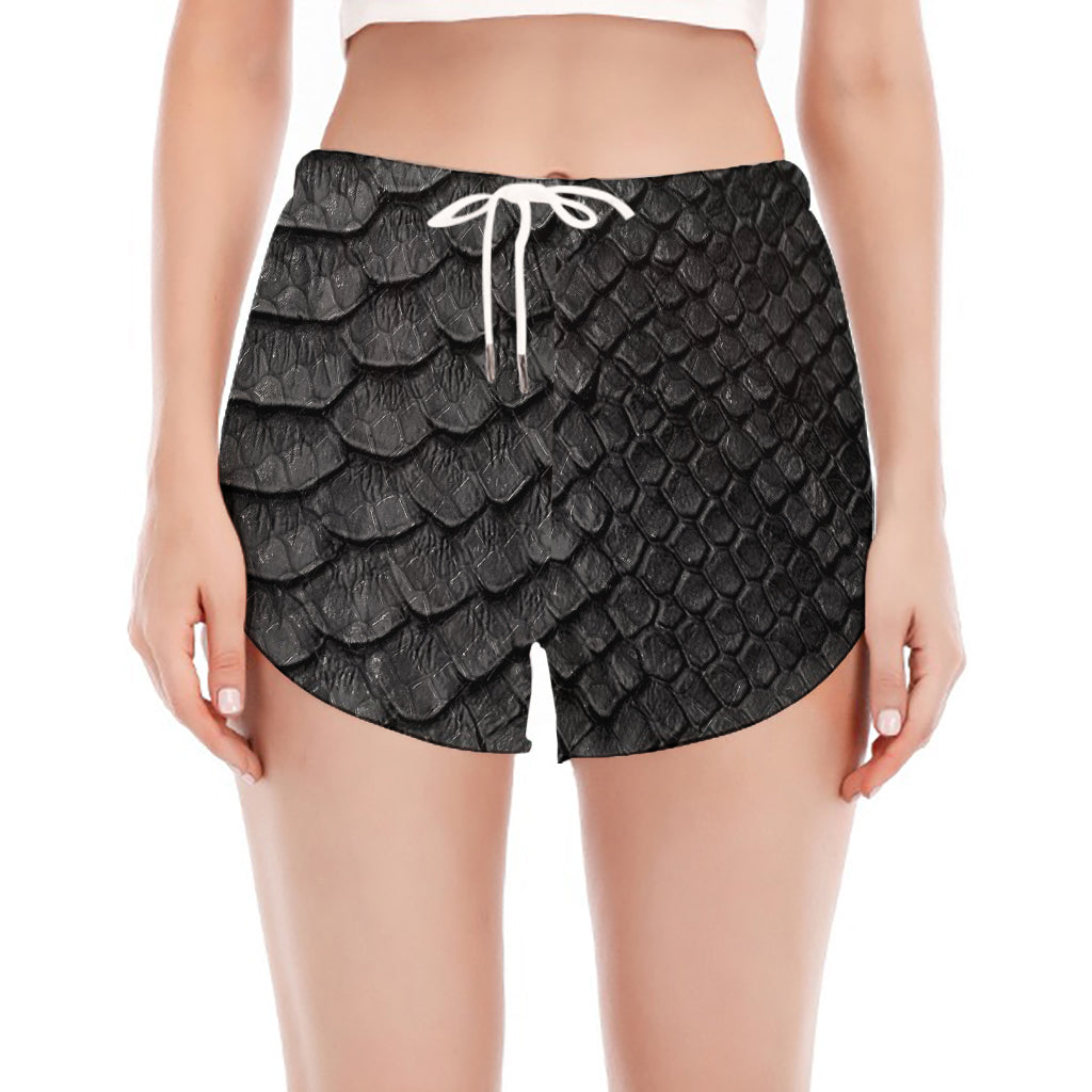 Black Snakeskin Print Women's Split Running Shorts