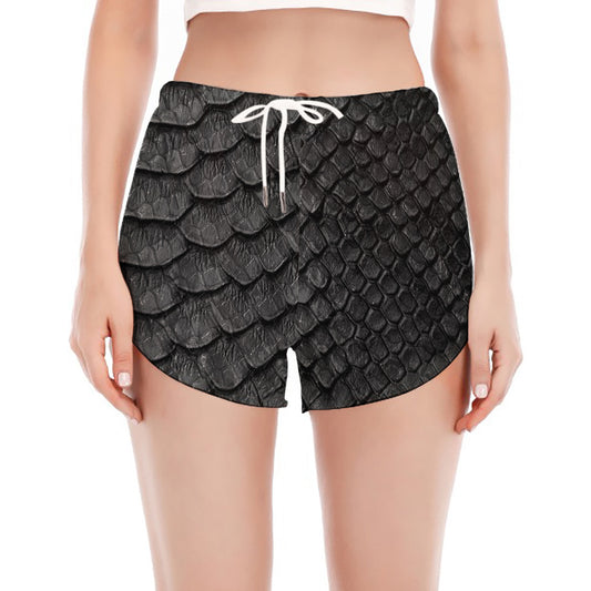 Black Snakeskin Print Women's Split Running Shorts