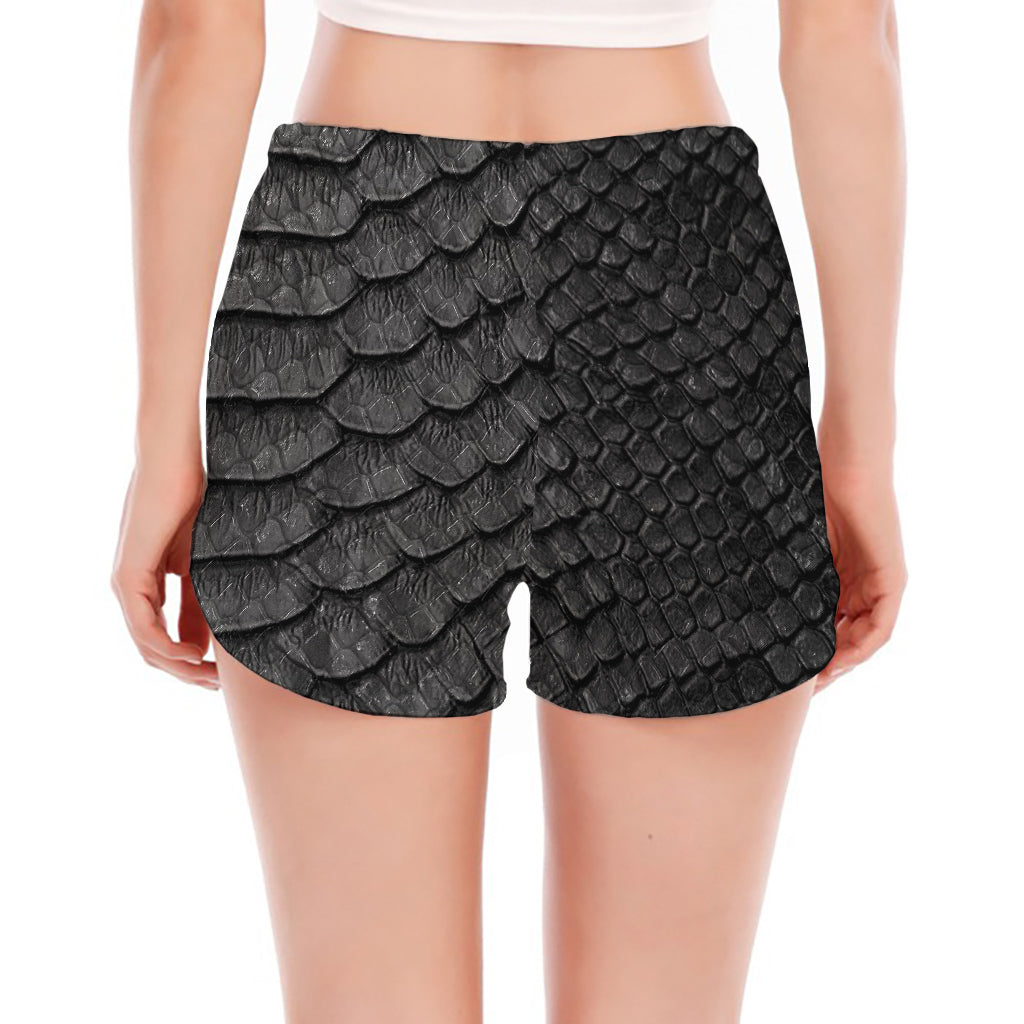 Black Snakeskin Print Women's Split Running Shorts