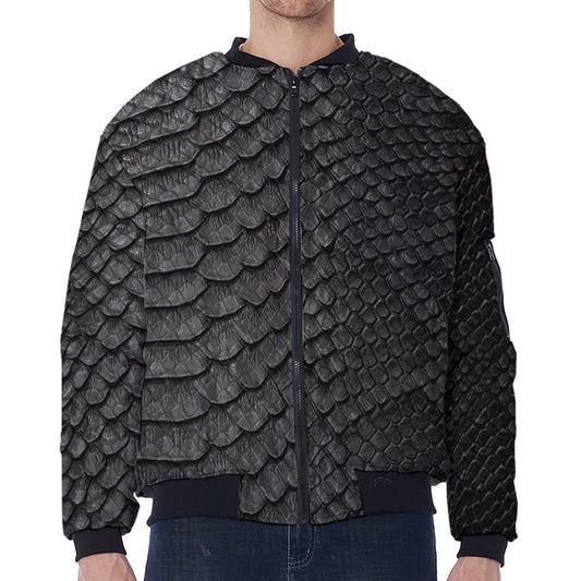 Black Snakeskin Print Zip Sleeve Bomber Jacket