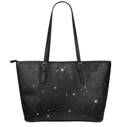 Black Space Print Leather Tote Bag