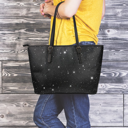 Black Space Print Leather Tote Bag