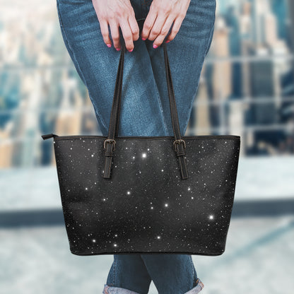 Black Space Print Leather Tote Bag