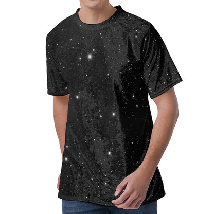Black Space Print Men's Velvet T-Shirt