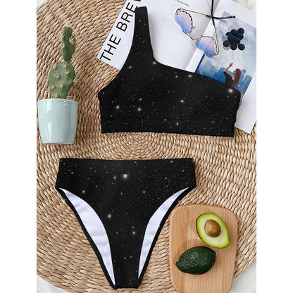 Black Space Print One Shoulder Bikini Top