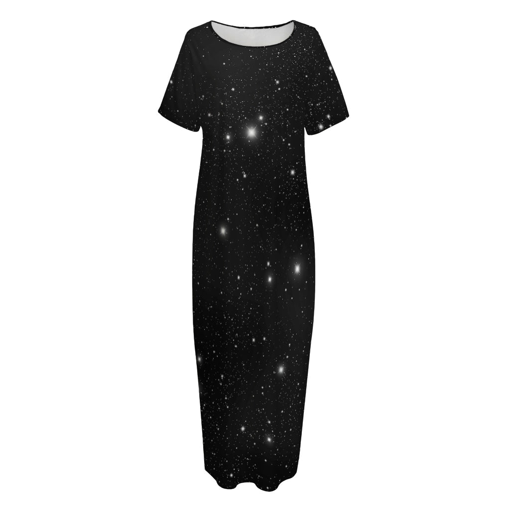 Black Space Print Short Sleeve Long Nightdress