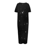 Black Space Print Short Sleeve Long Nightdress